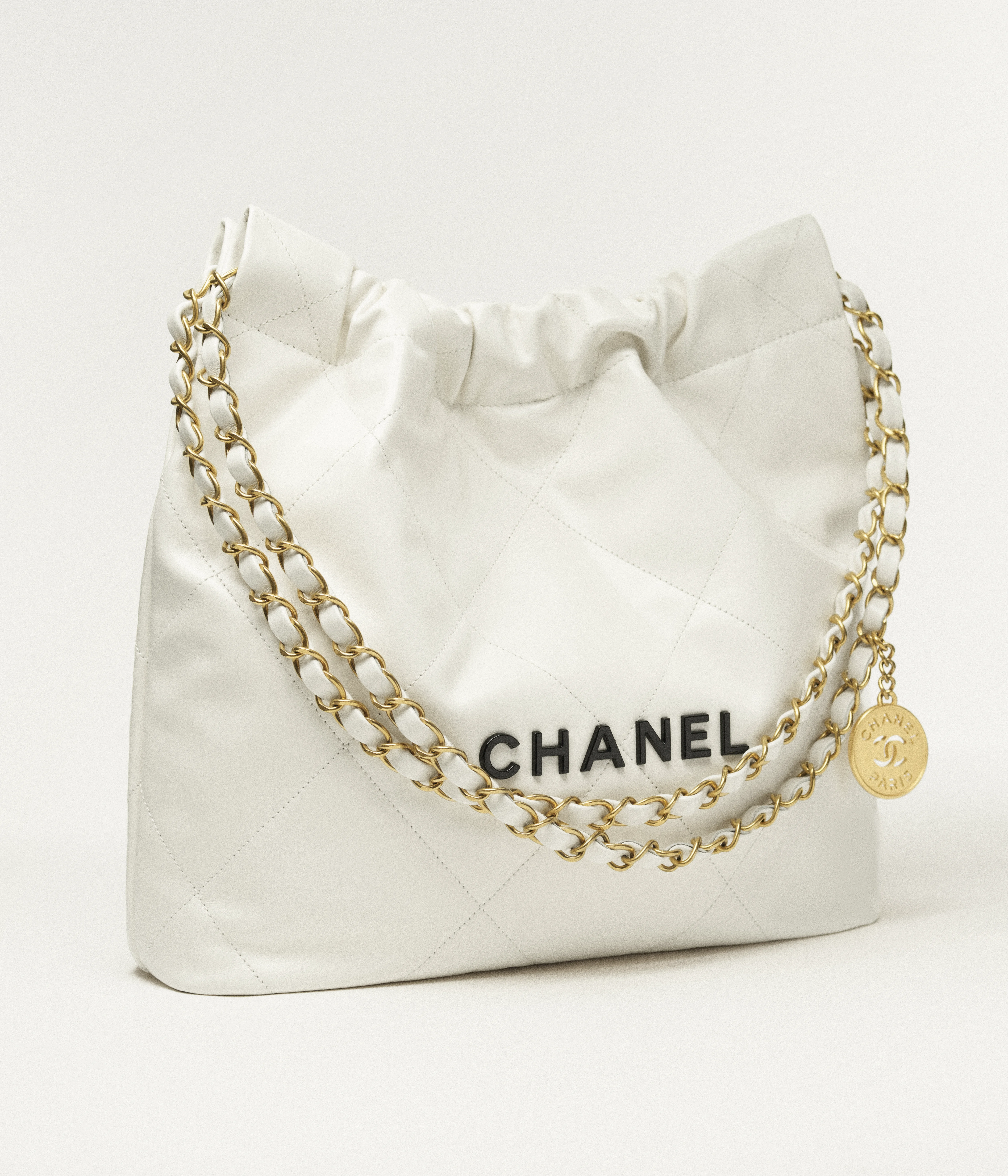 CHANEL 22 Small Handbag Calfskin, Gold-Tone & Lacquered Metal White AS3260-B09859-10601