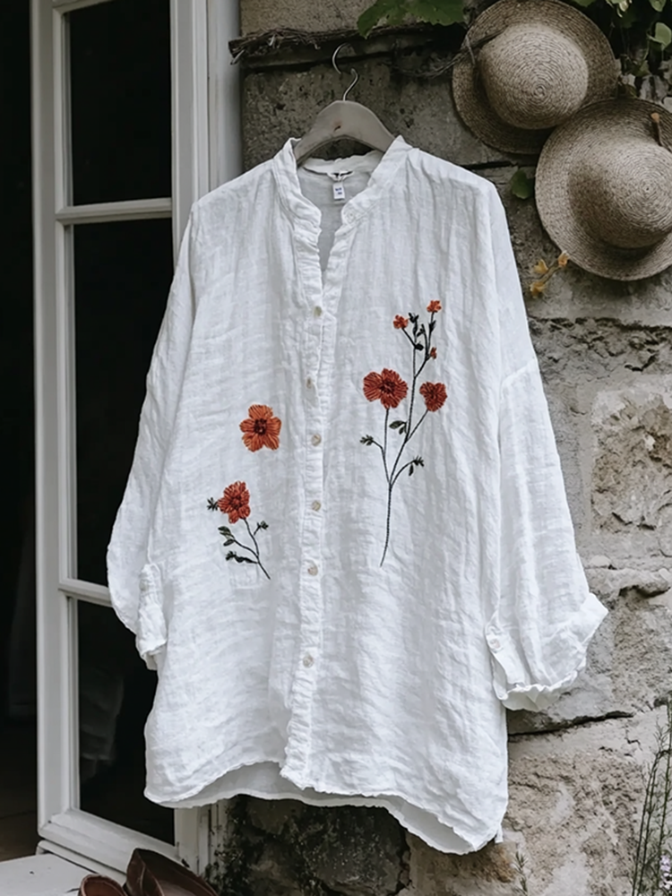 Vintage Floral Embroidery Art Button Cotton Linen Blend Loose Blouse