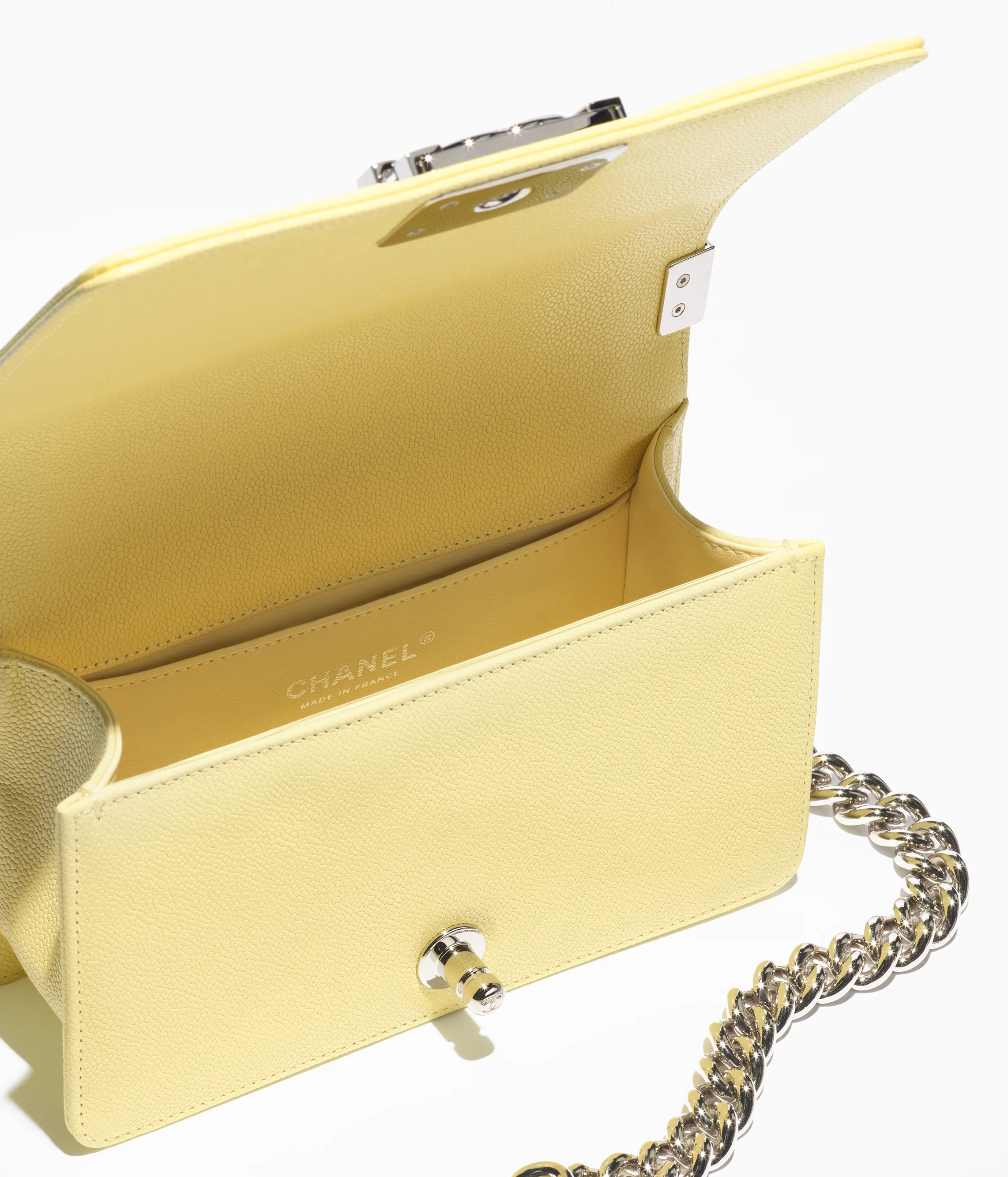 CHANEL Small BOY CHANEL Handbag Shiny Grained Calfskin & Silver-Tone Metal Light Yellow A67085-B15536-NAAUK