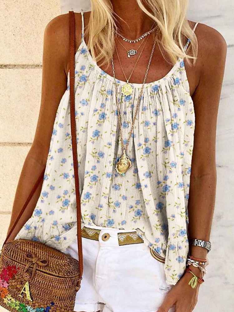 Cottage Floral Ruffle Pleated A Line Cami Top