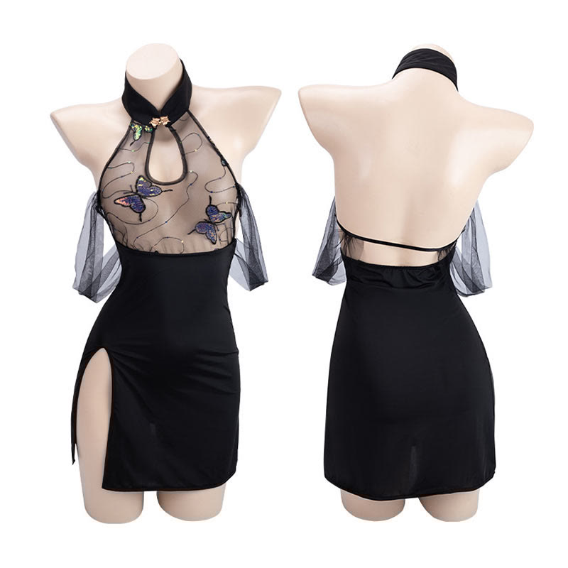 Vintage Butterfly See-through Cheongsam Lingerie Set