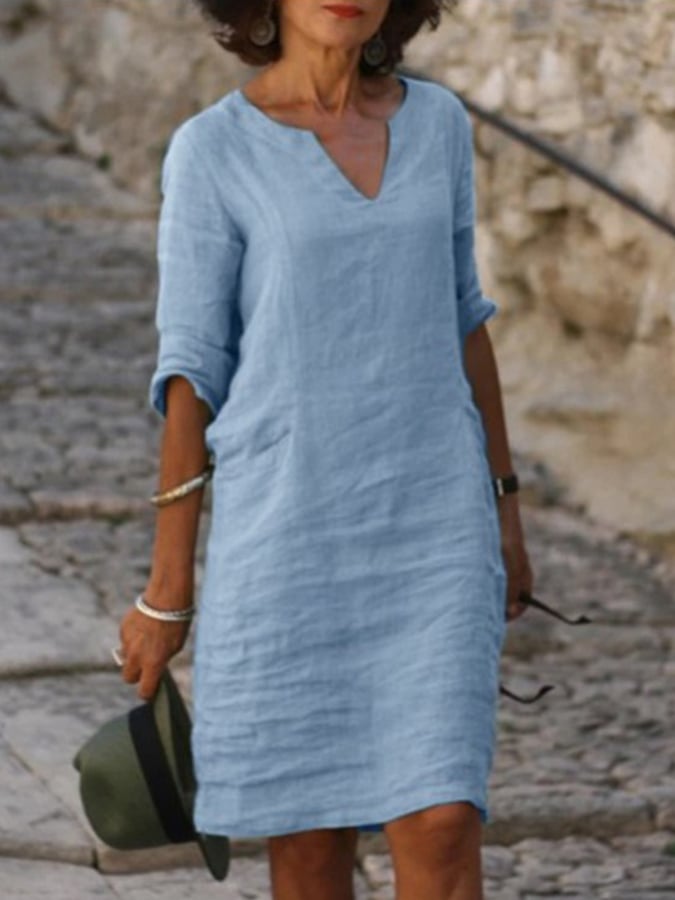 Women's Fashion Cotton Linen Solid Color Slim Fit V-Neck Mid-Sleeve Dress