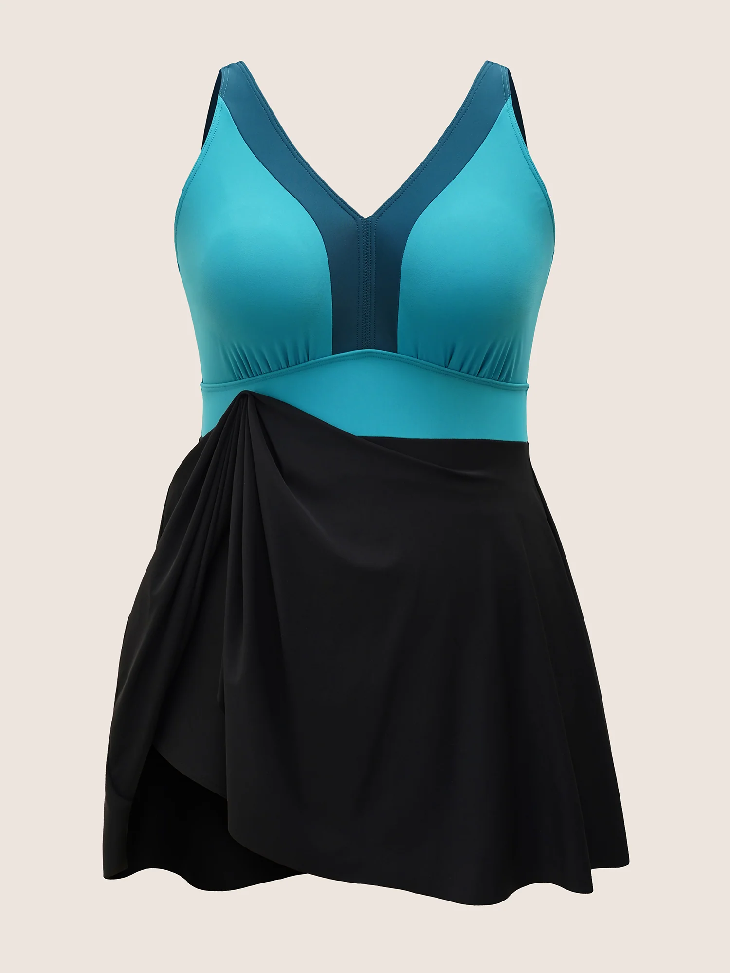 V Neck Patchwork Contrast Gathered Swim Dress