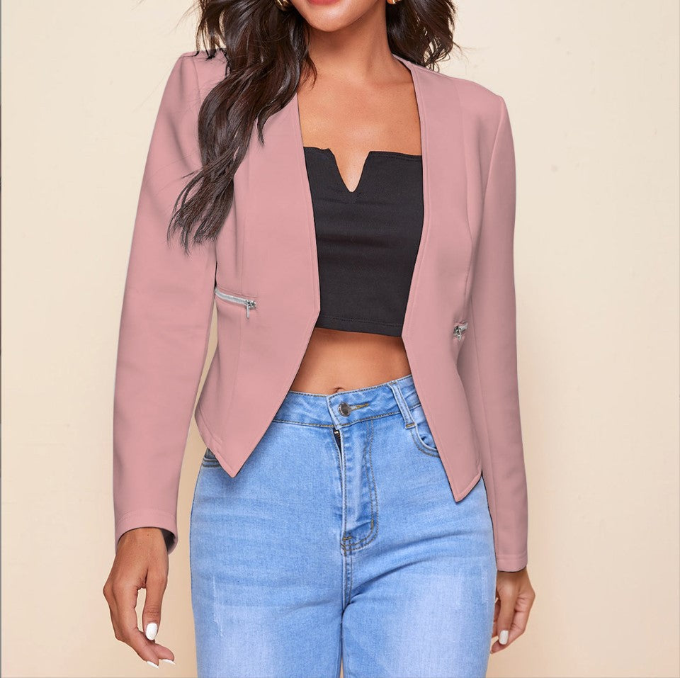 Long Sleeve Cardigan Zipper Pocket Jacket Top with a Small Suit Style.