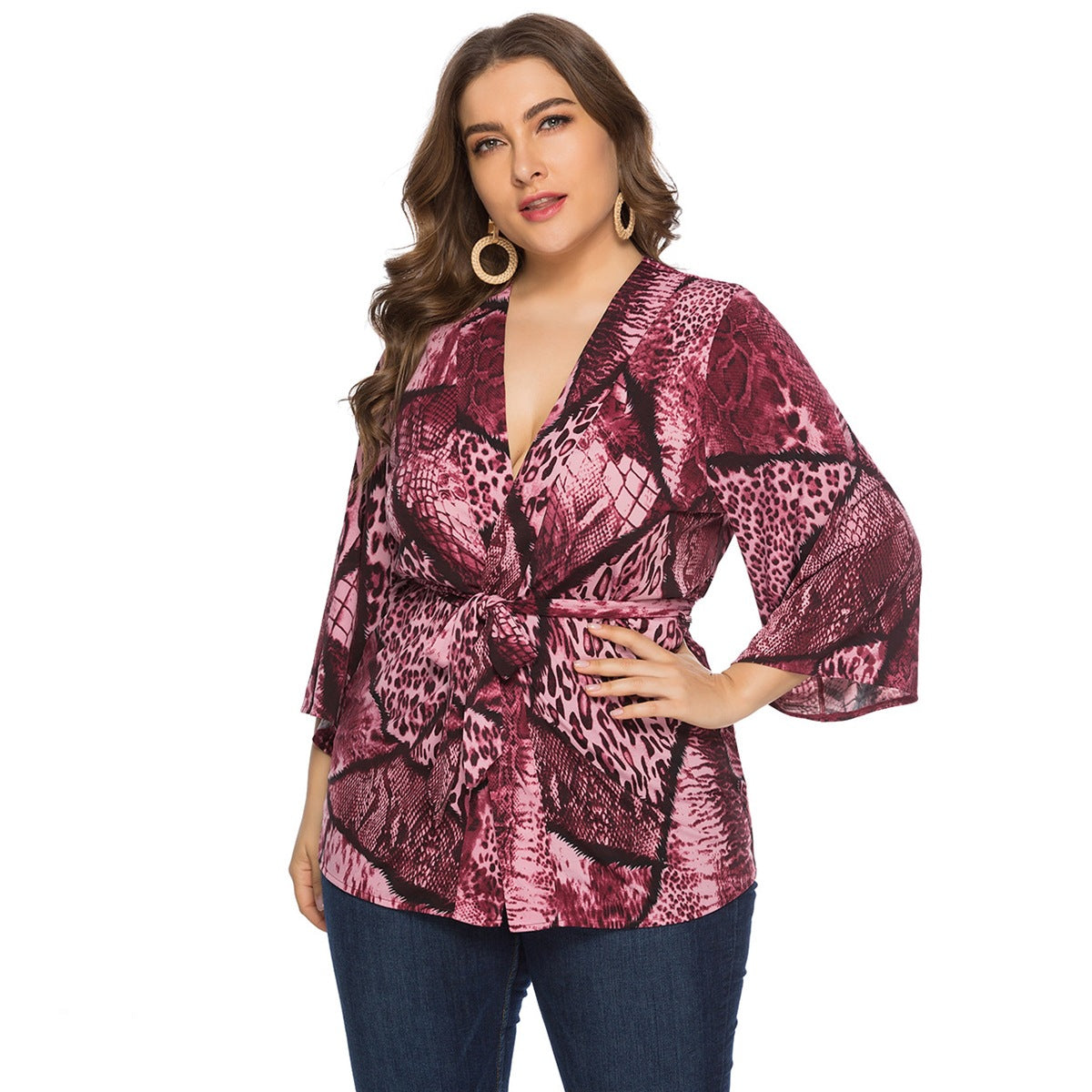 Plus Size Women Spring Autumn Loose Snake Pattern Lace Up Top