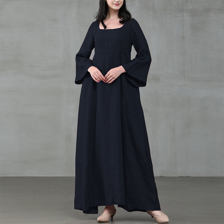 Vintage Round Neck Plain Long Sleeve Maxi Dress