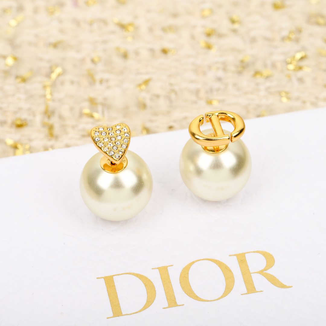 Dior full diamond heart pearl earrings