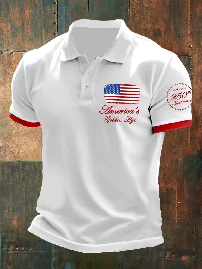 Man's Vintage Independence Day America's Golden Age 1776-2026 250th Anniversary Printed Polo Shirt