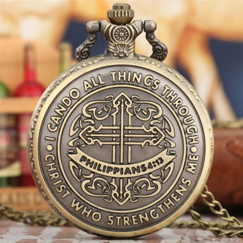 Old Fashion I Can Do All Things Bible Philippians 4:13 God Jesus Christian Unisex Quartz Pocket Watch Souvenir Pendant Chain