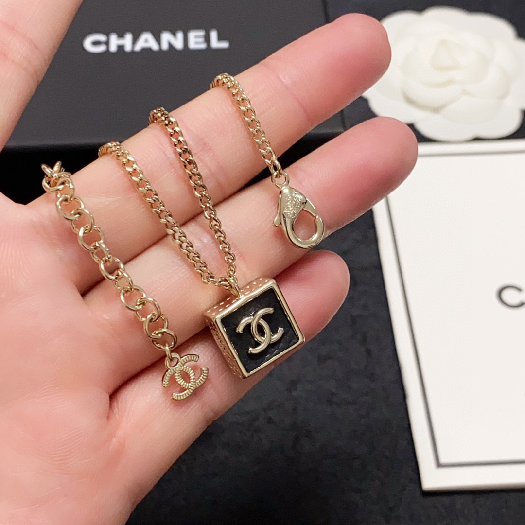 Chanel New Black Square Leather Necklace