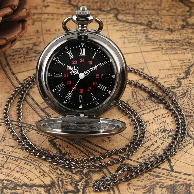 Luxury Yellow Gold/black Smooth Case Clock Men Women Pendant Pocket Watch Quartz Movement Analog Display Necklace Fob Chain