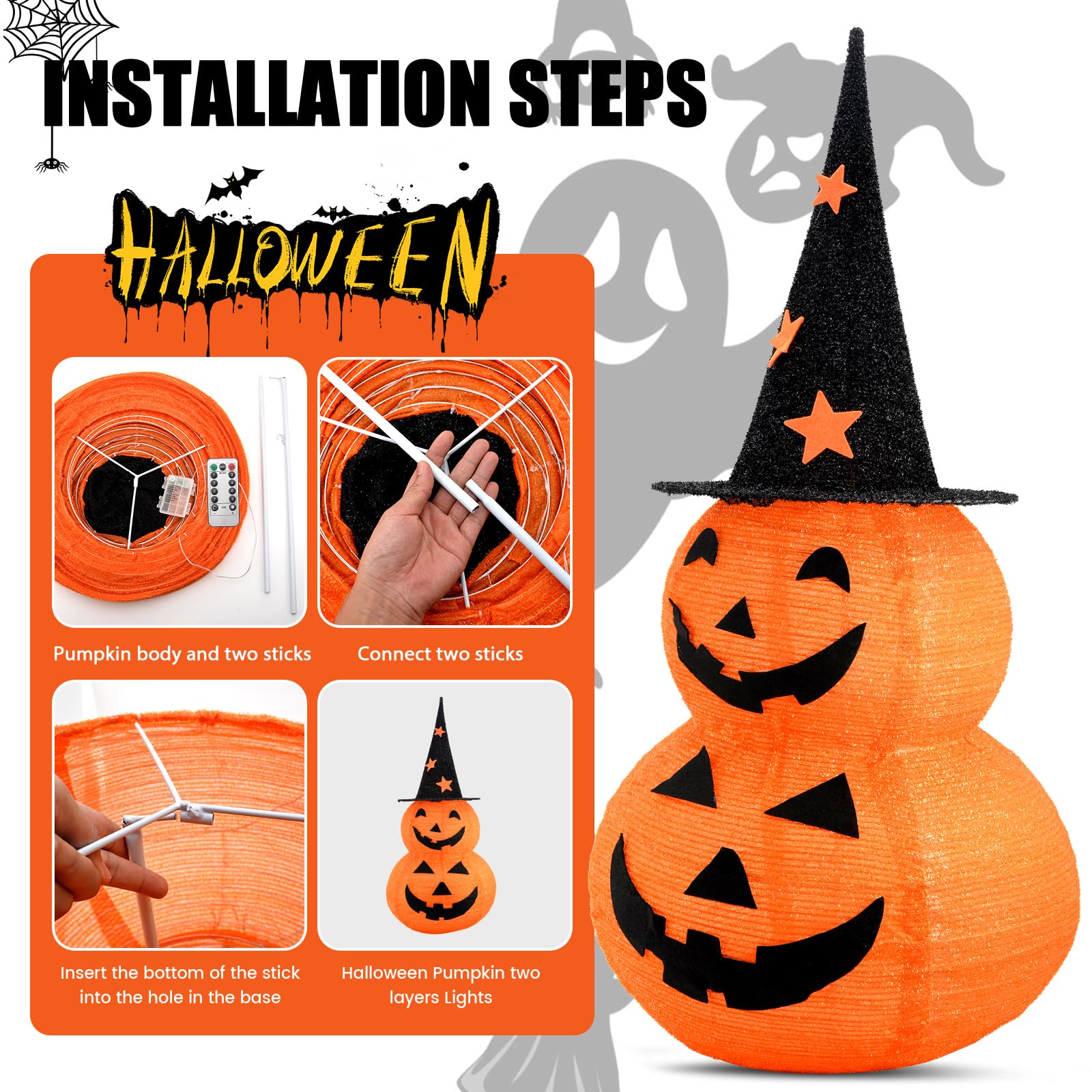 🏆Limited Sale⚡Almost Gone🎃3.3 FT Two-Layers Remote Control Pumpkin Lights