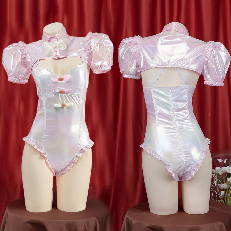 Sexy Hollow Out Bow PU Jumpsuit Lingerie Set