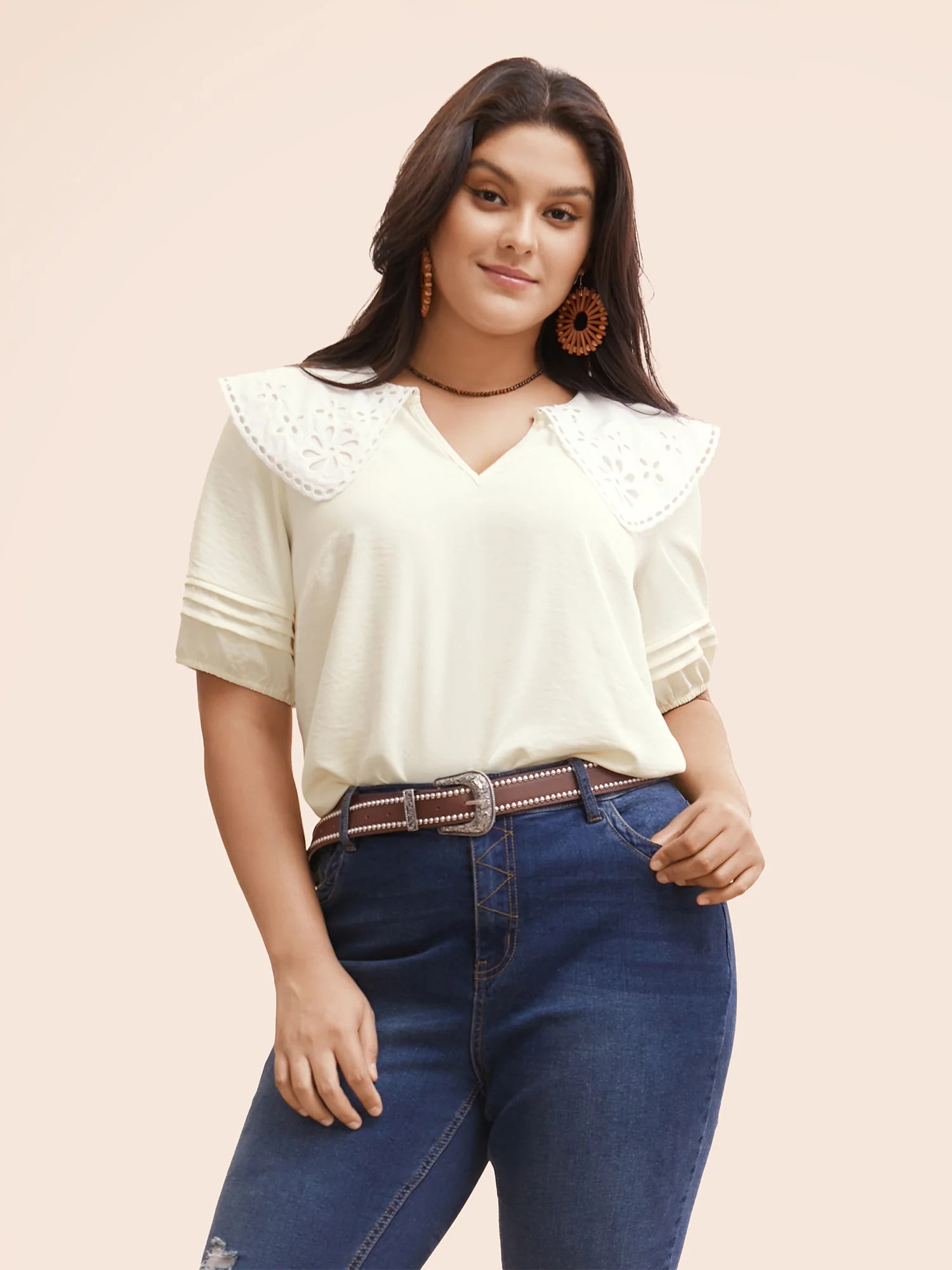 Lace Collar Lantern Sleeve Pleated Blouse