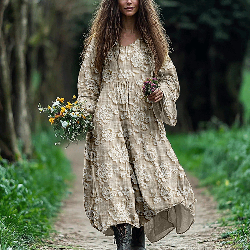 Elegant Floral Lace Embroidered Linen Blend Maxi Dress