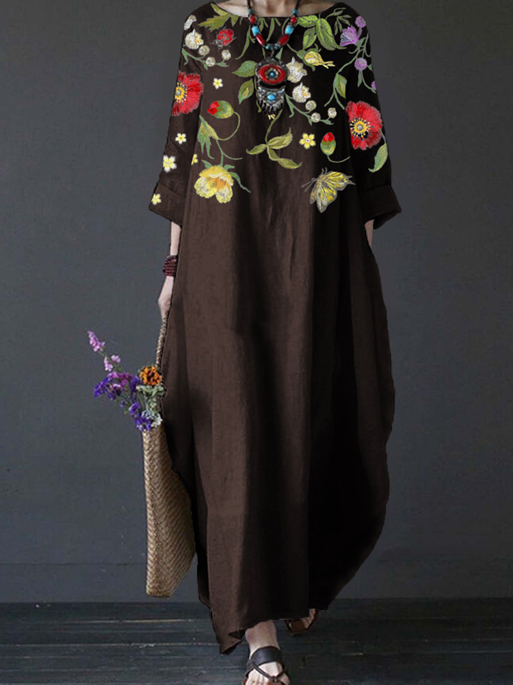 Elegant Retro Flower Art Seventh Sleeve Maxi Dress