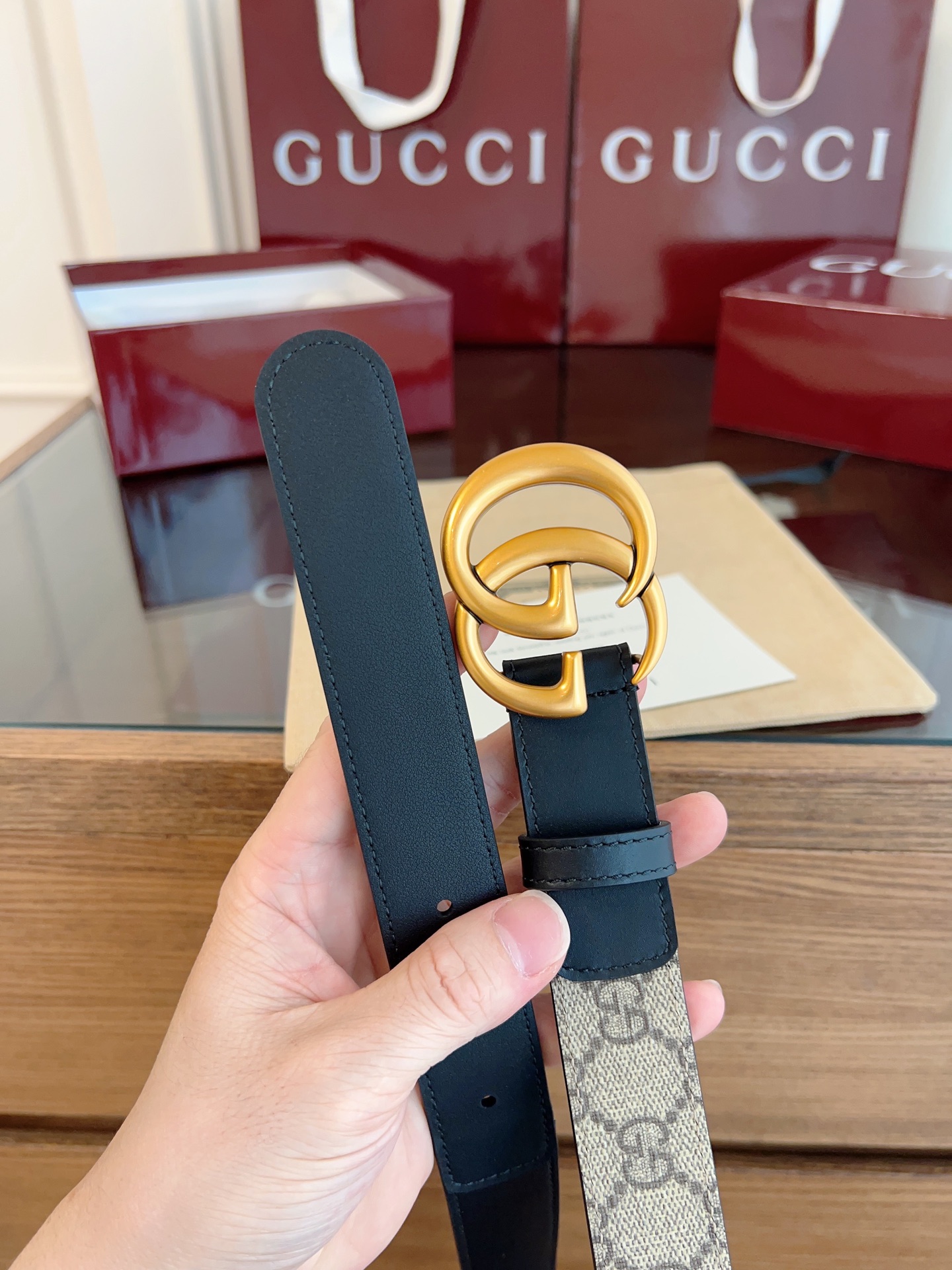 Gucci Double G steel buckle women's cowhide double-sided belt 3.0cm wide