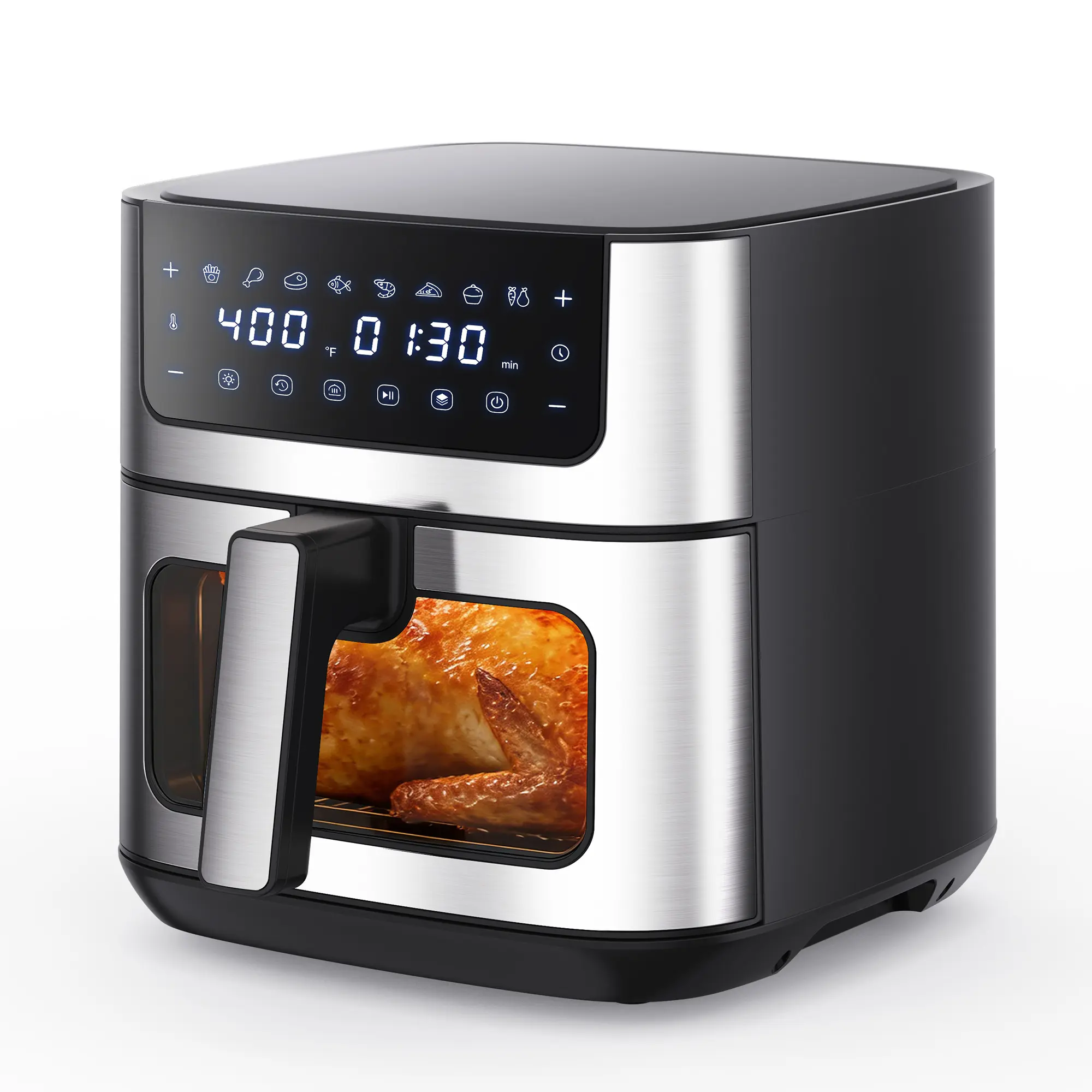 6.34QT Air Fryer with Window 8 Food Presets 400°F Max Heat 90-Min Timer Nonstick Dishwasher-Safe Basket for Air Fry Roast Reheat Bake Stainless Steel