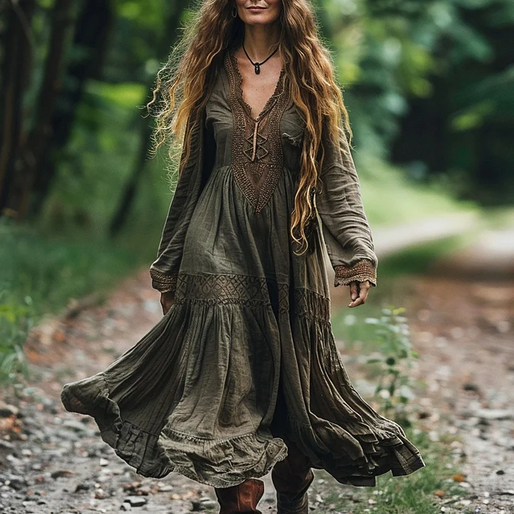 Vintage Bohemian Linen Ethnic  Long-sleeve Casual Maxi Long V-neck Dress