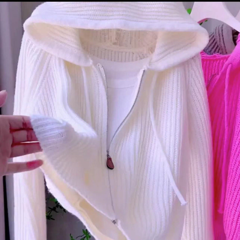 Women's Short Hooded Knit Cardigan for Fall and Winter