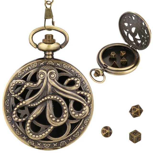 Retro Hollow Octopus Pocket Watch Case Pendant Chain with 7pcs Metal Polyhedral Dice Game Accessory