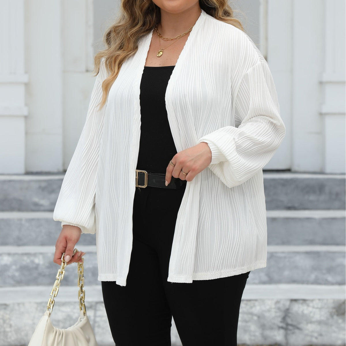 Plus Size Women Cardigan Women Wave Striped Casual Loose Jacket Comfortable Top Lantern Sleeve Air Conditioning Shirt