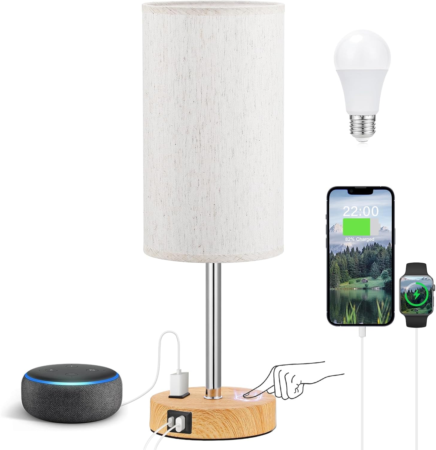 Bedside Table Lamp for Bedroom - 3 Way Dimmable Touch Lamp USB C Charging Ports and AC Outlet, Small Lamp Wood Base Round Flaxen Fabric Shade for Living Room, Desk, LED Bulb Included