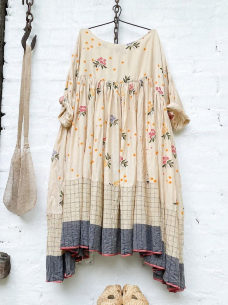 Casual Crew Neck Gathered Loose Print Maxi Dress