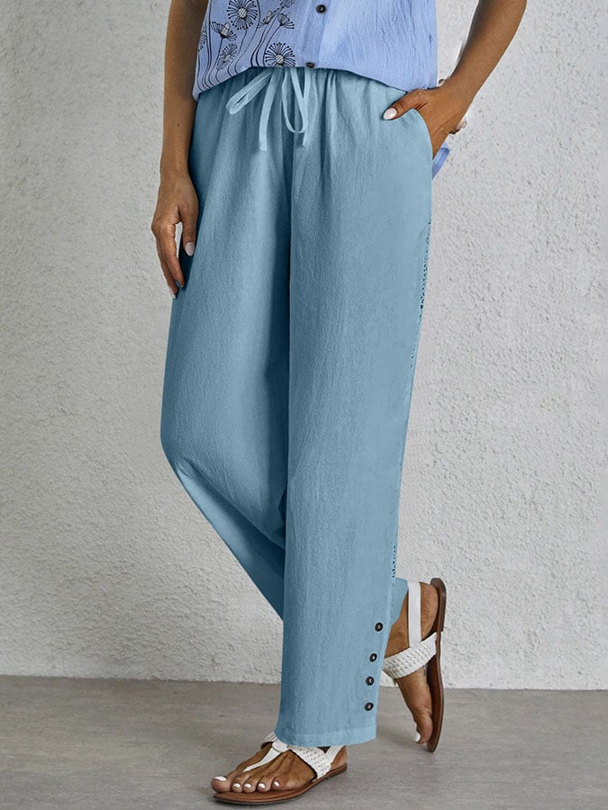 Casual Elegant Lace-Up With Pockets Buttons Lace Side Cotton Linen Trousers