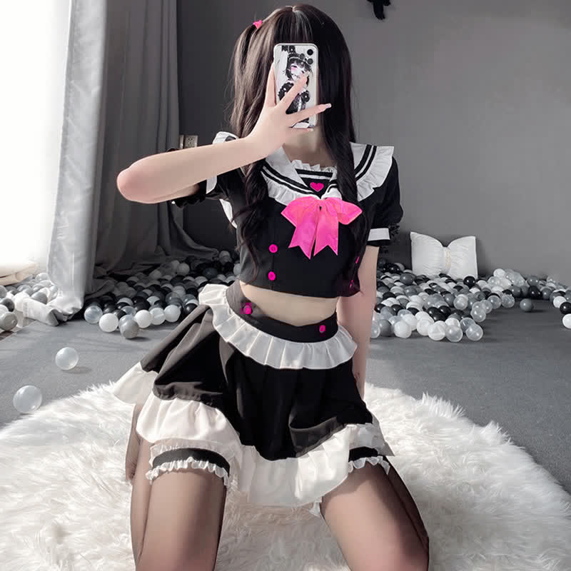 Cosplay Maid Bowknot Love Heart Lingerie Stockings Set