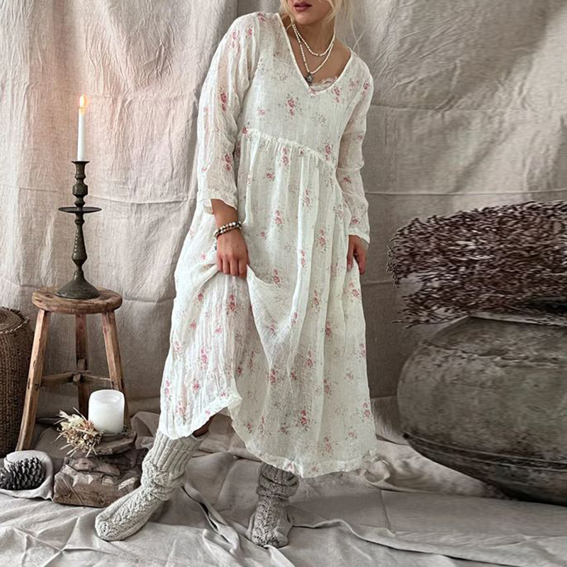 Vintage Floral Printed Long Sleeve Maxi Dress