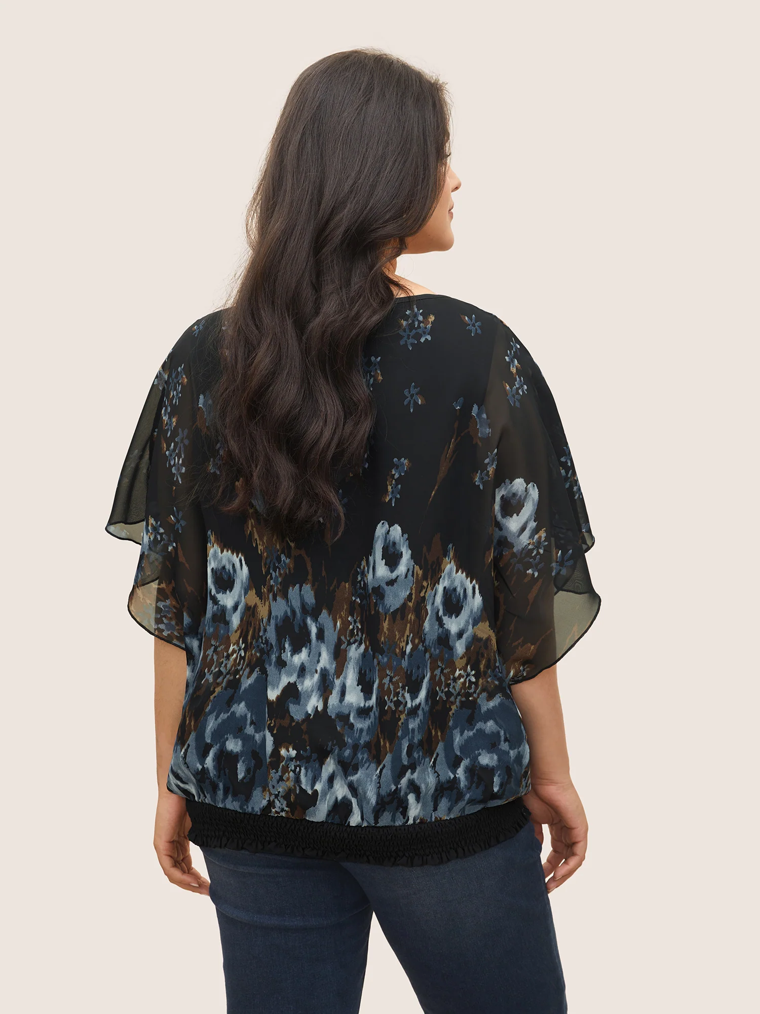 Pixel Flower Shirred Batwing Sleeve Blouse