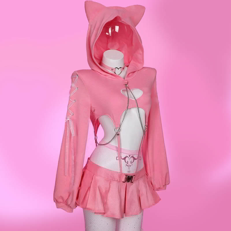Cosplay Cat Heart Hollow Top Skirt Lingerie Costume