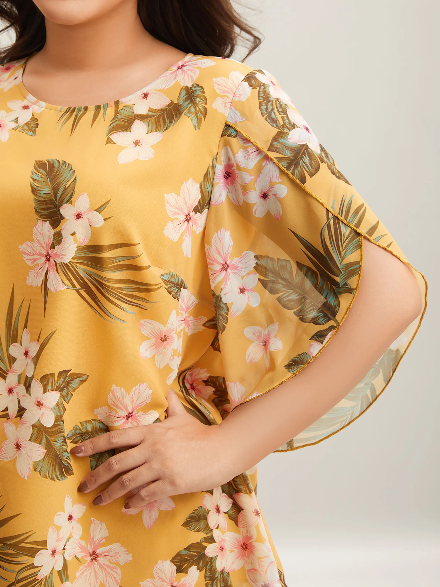 Petal Sleeve Floral Round Neck Shirt