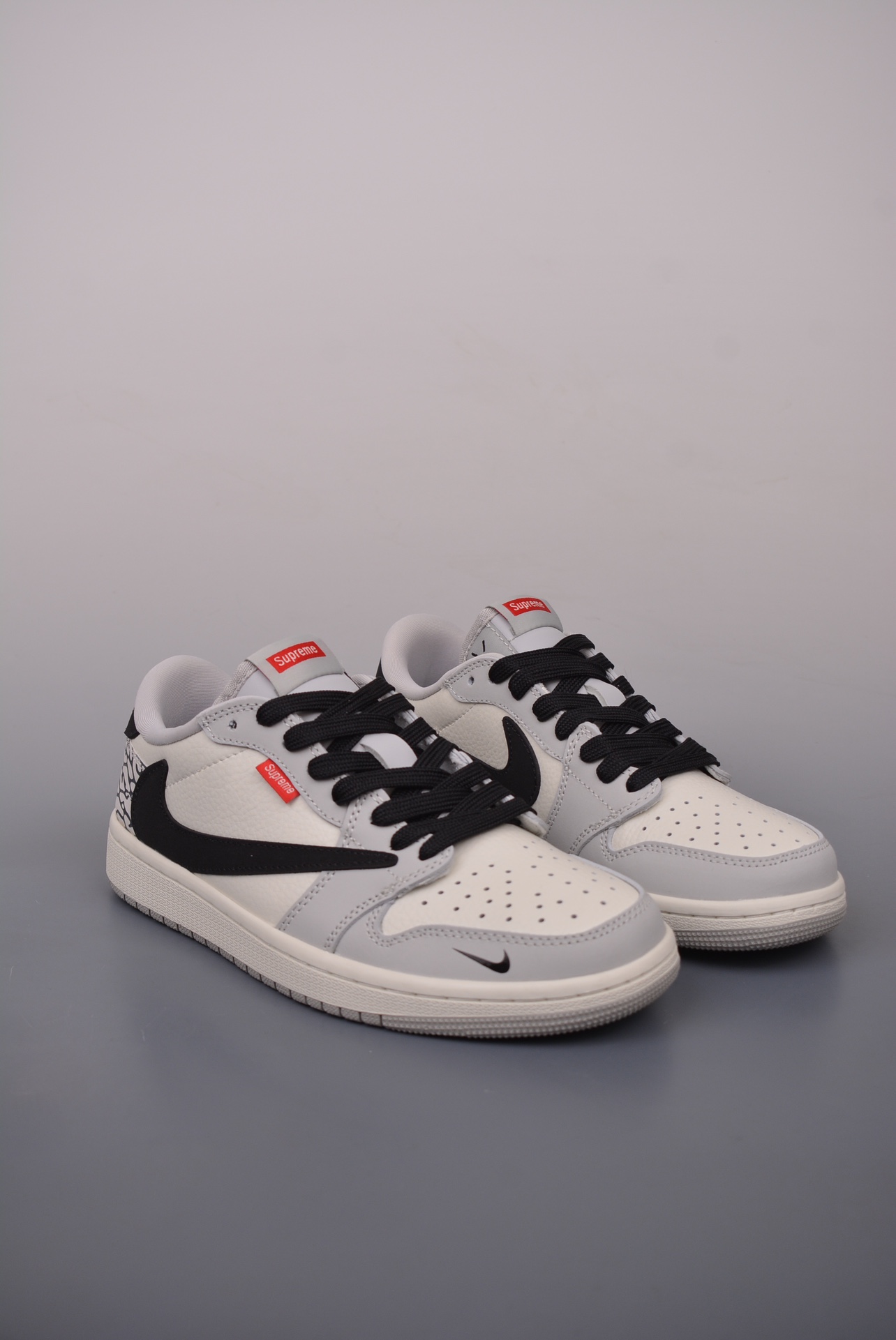 Supreme x Nike By You Air Jordan 1 Low OG Grey, Beige, White and Black Cracked