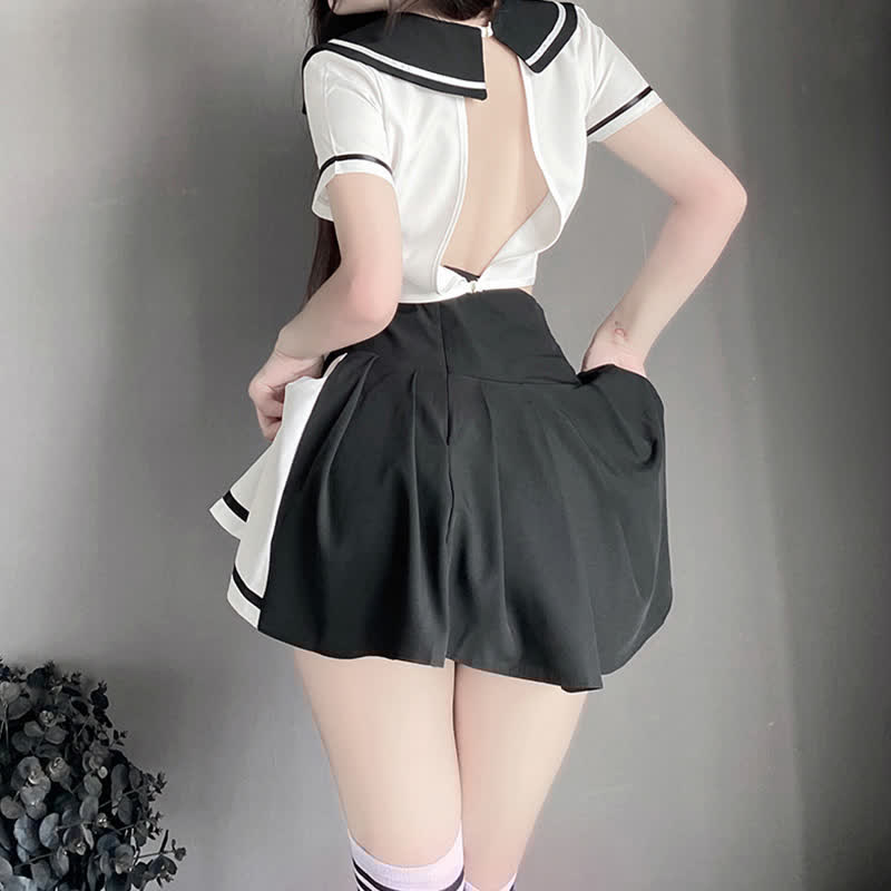 Hollow Out Bowknot JK Uniform Lingerie Stockings Set