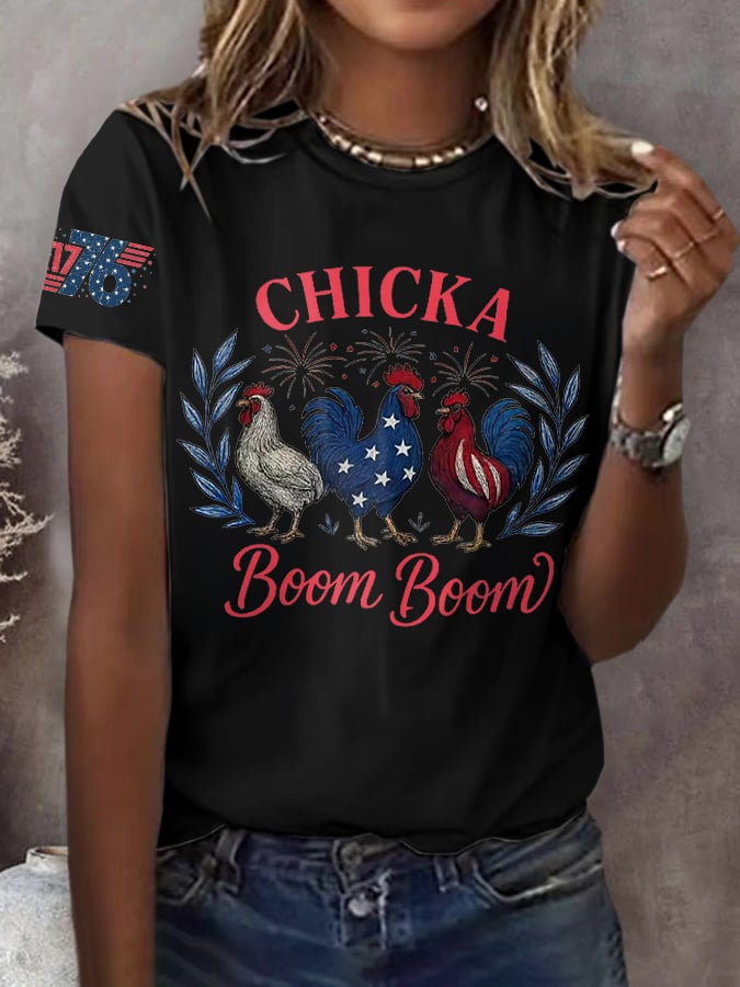 Women's Chicka Boom Boom Patriotic Rooster Print Round Neck T-Shirt