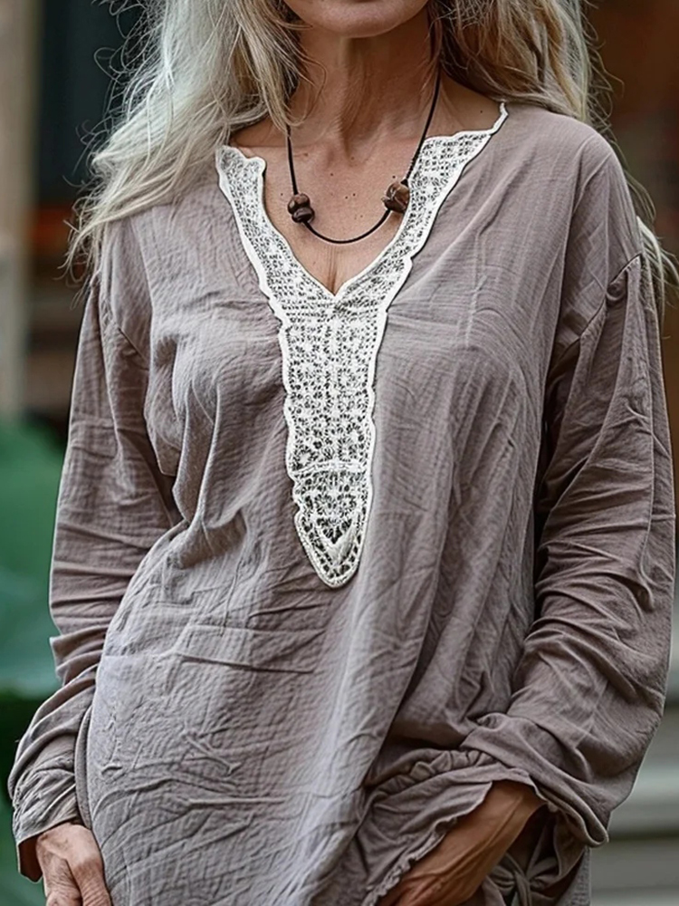 Elegant Lace Embroidery Floral Art Long Sleeve V-neck Shirt