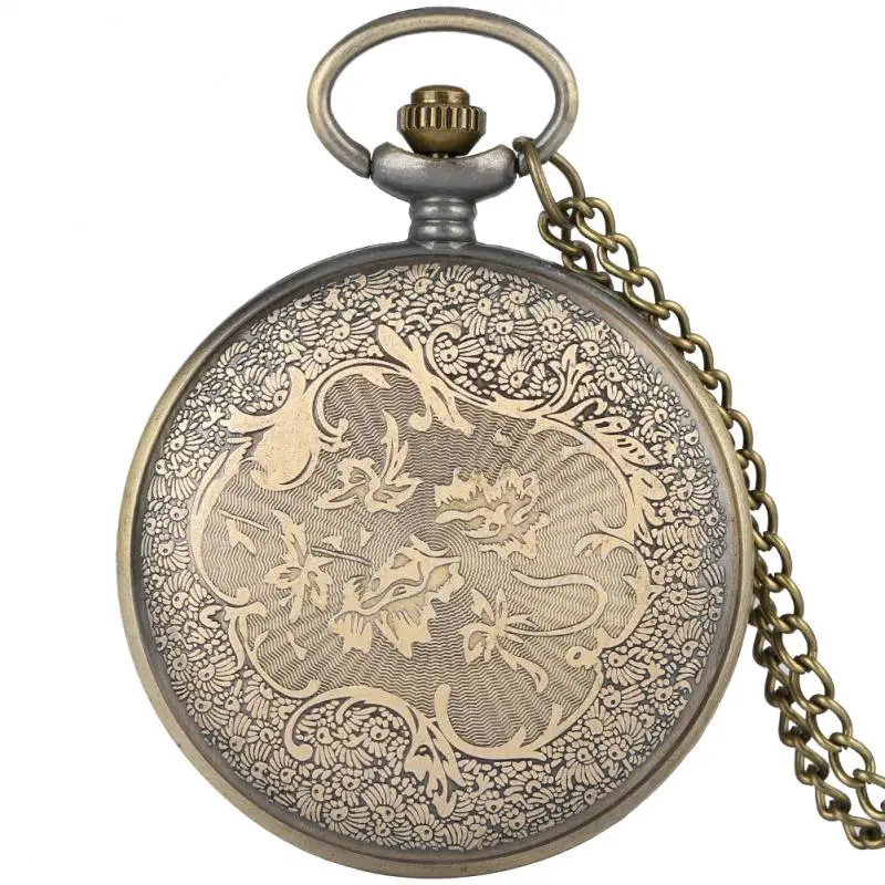 Antique Hollow Out Pocket Watch Bronze Rabbit Key Flowers Cover Men Women Quartz Clock Arabic Number with Sweater Chain Gift