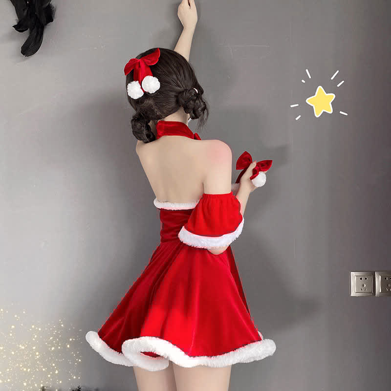 Bow Knot Ruffled Halter Christmas Dress Lingerie