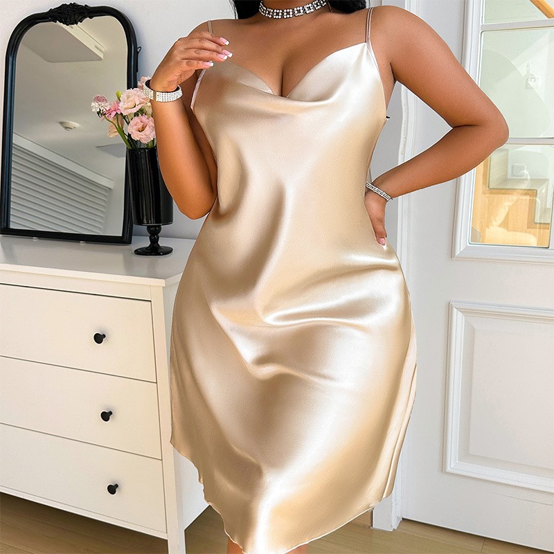 Plus Size Women's Sexy Silk Solid Color Suspender Sleeveless Dress