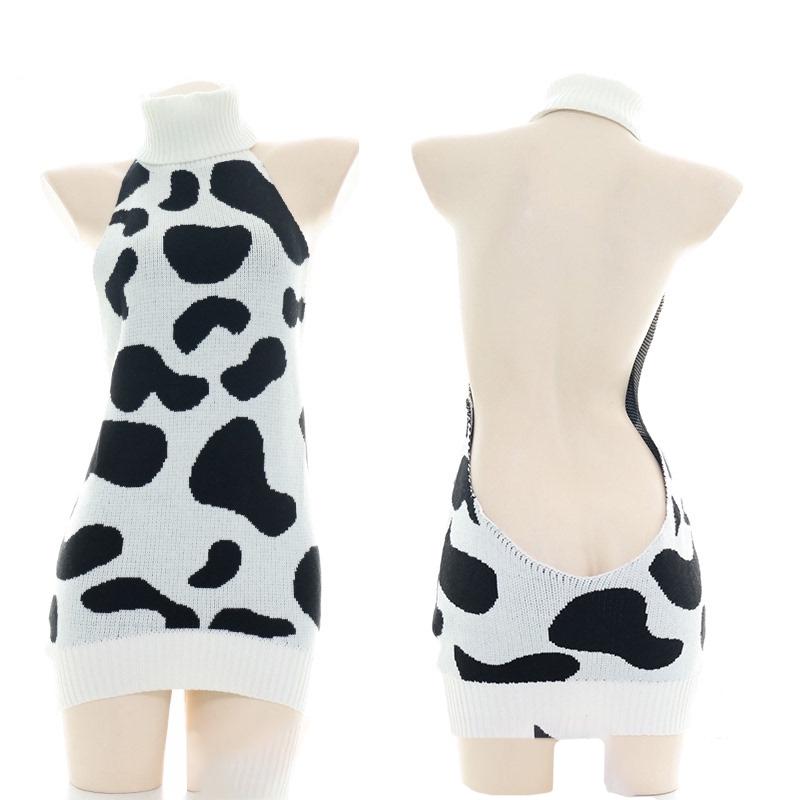 Sexy Cow Print Backless Turtle Neck Sweater