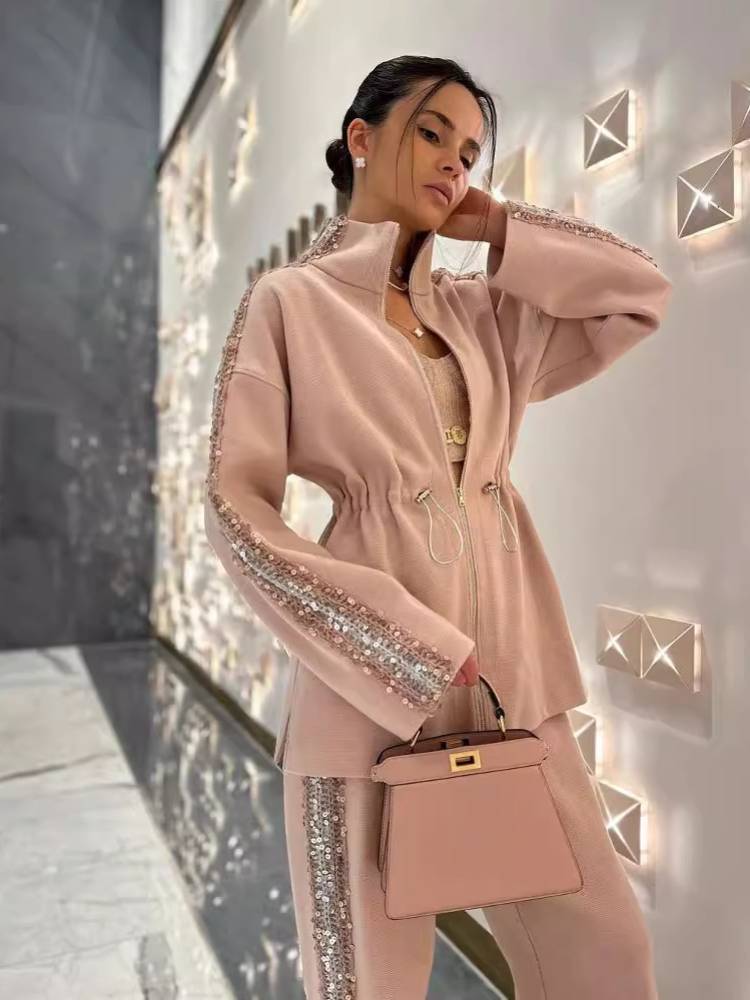 Contrast Drawstring Elastic Top Casual Pants Sequined Suit