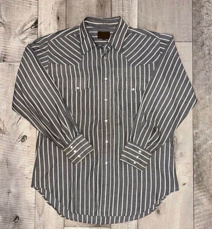 Men's Fashion Western Gray White Striped Long Sleeve Shirt