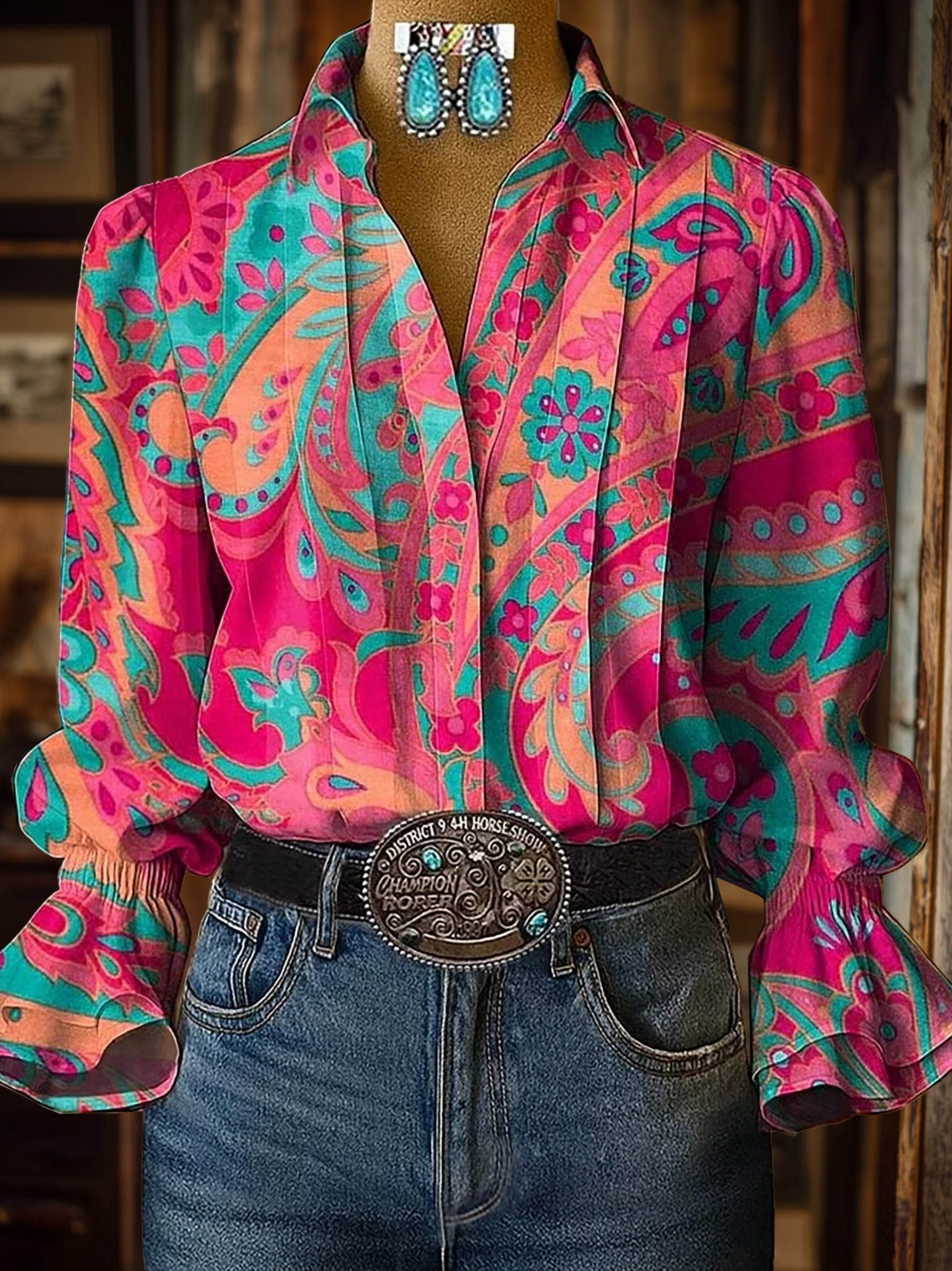 Women's Casual Western Puff Sleeve Patterned Shirt