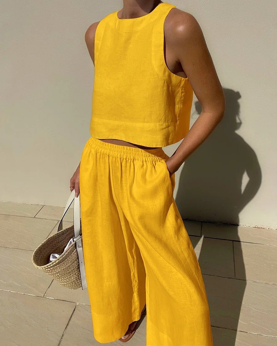 Women'S Casual Solid Color Cotton And Linen Two-Piece Suit