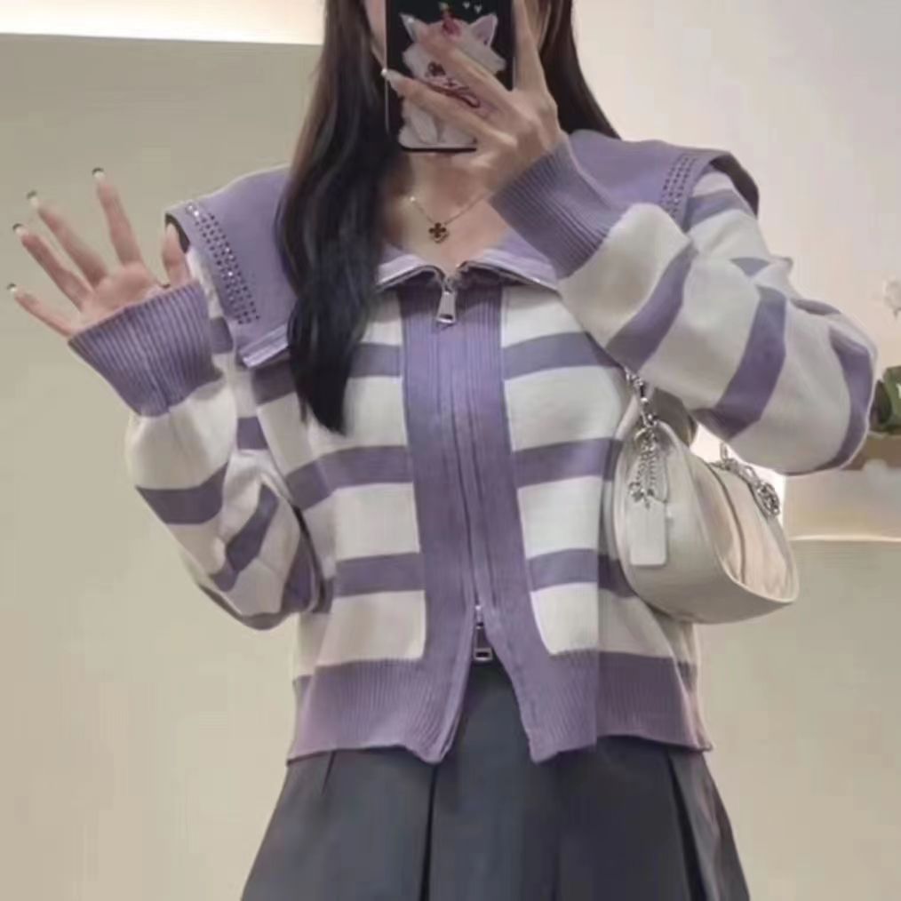Sailor Collar Striped Sweater Coat with Niche Design and Hot Drilling Details