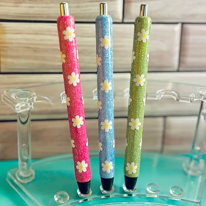 3pcs Vibrant Daisy Glitter Pen Set