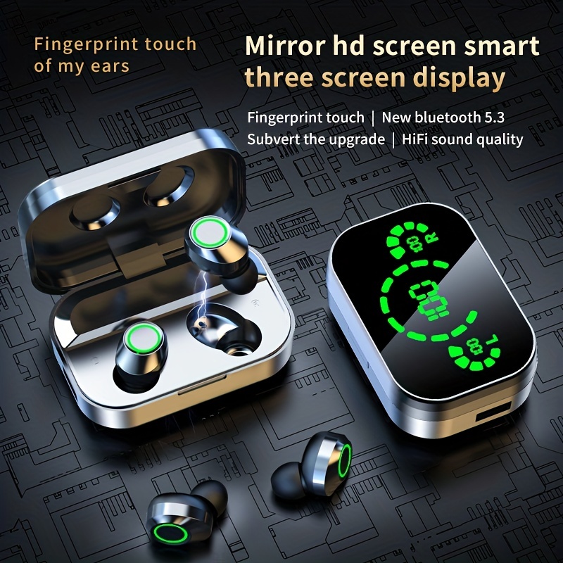 1 Set Wireless Earphones With Mirror Digital Display, Hifi Sound Quality, High Power, Emergency Charging Function For In-Ear Wireless Earphones, High-definition Voice Touch Operation, Automatic Connection To Binaural Call Earphones Charging Level Display