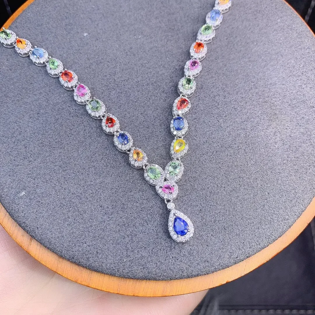 925 Sterling silver natural color sapphire necklace Jewelry Fire color good beauty women's luxury jewelry certified boutique